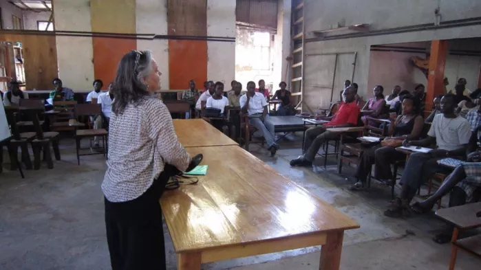 Maria Grette makes a presentation in Uganda. BBC Photo