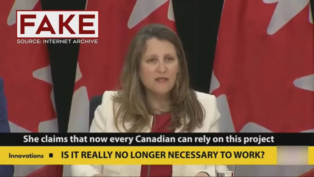 a fake ai generated video appears to show former finance minister chrystia freeland