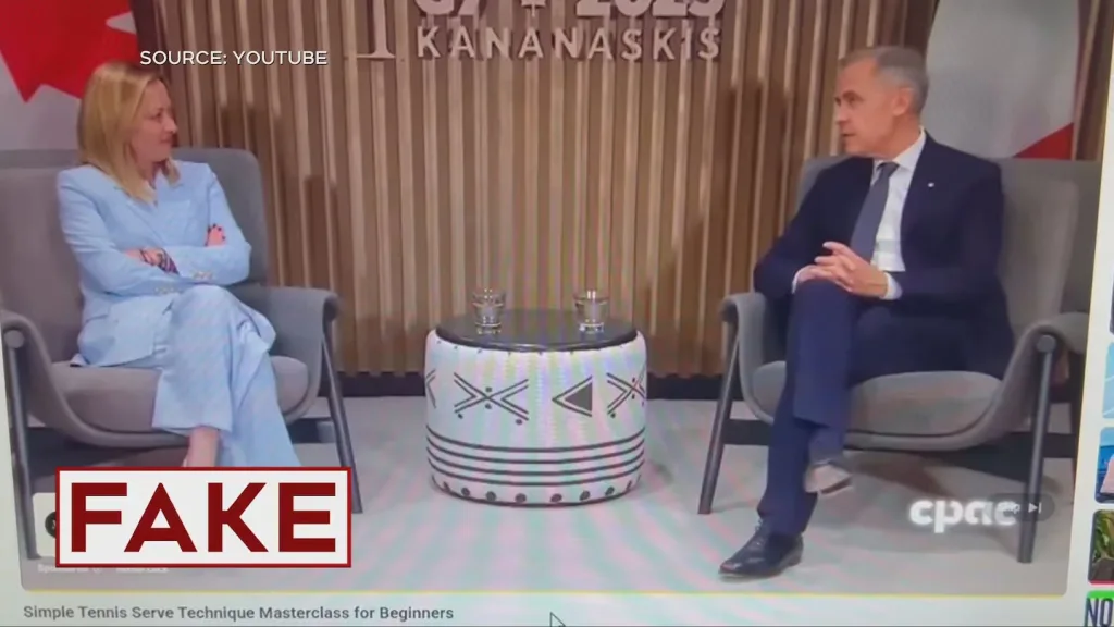 an ai generated video appears to show canadian prime minister mark carney and italian prime minister giorgia meloni