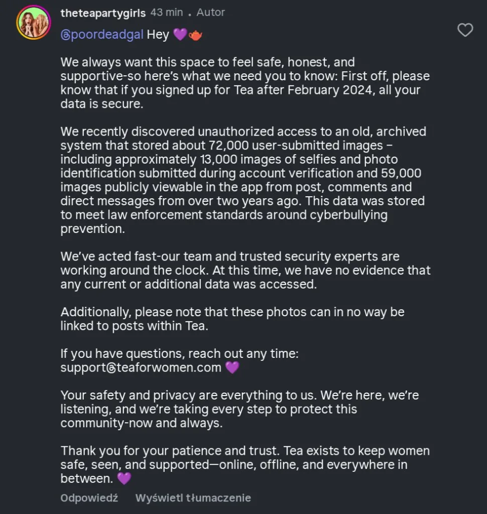 tea app confirms data breach thousands of womens images exposed